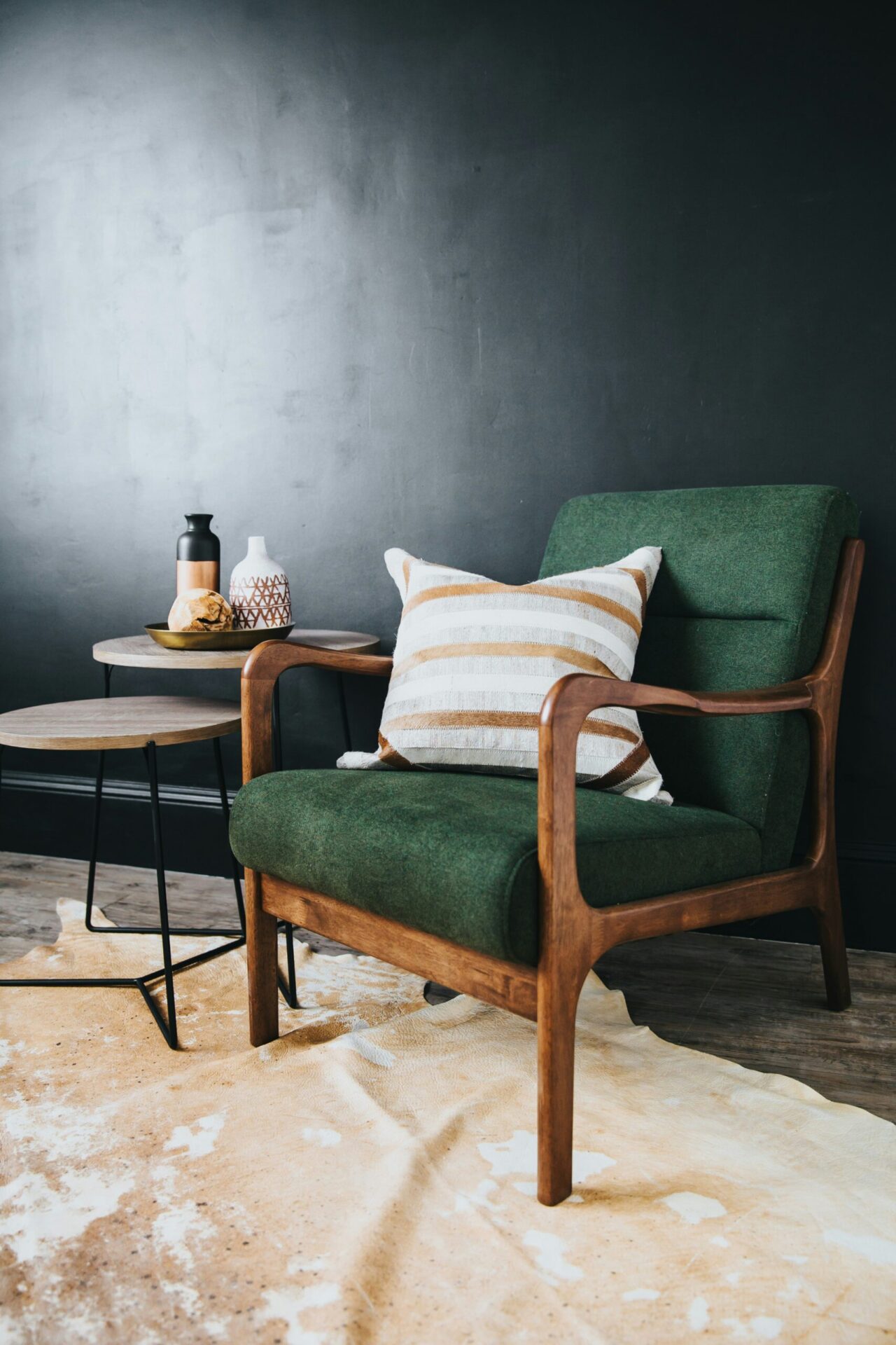 A green chair in a living space