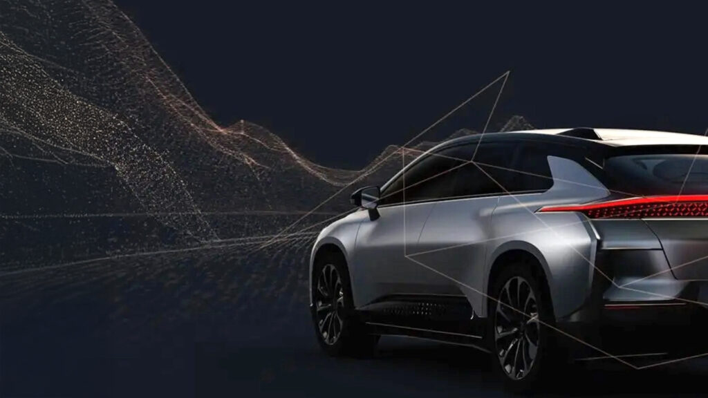 Sleek modern electric vehicle with light traces representing aerodynamic testing in a virtual environment