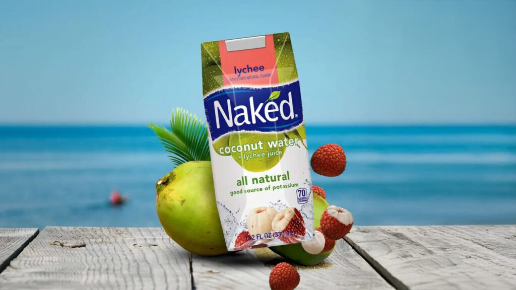 Naked Coconut Water on a dock by the water