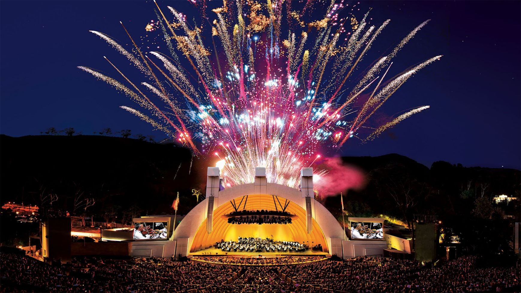 Fireworks behind orchestra on stage