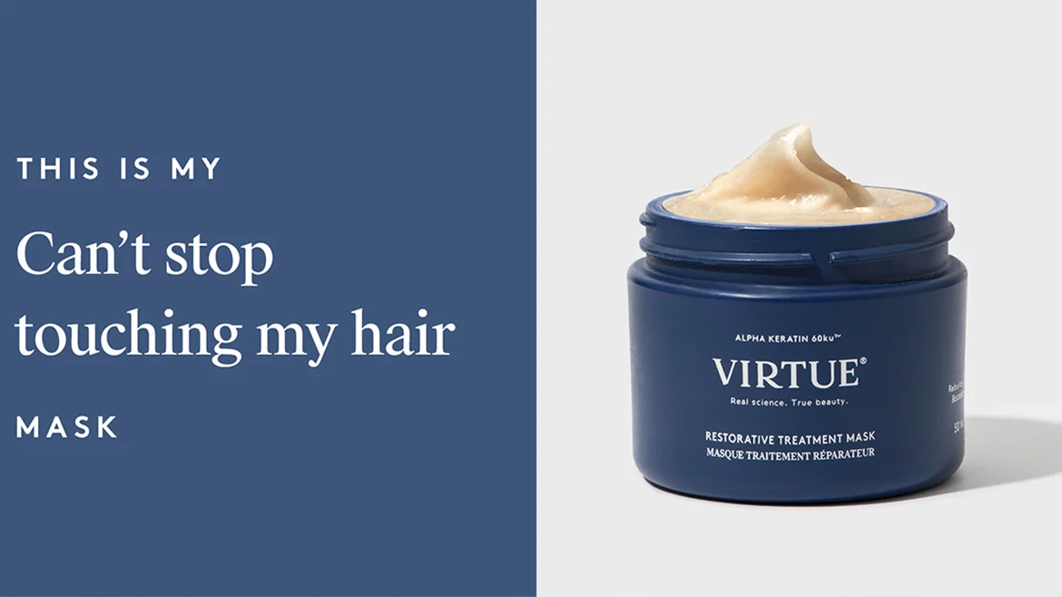 Advertisement that says this is my can't stop touching my hair mask