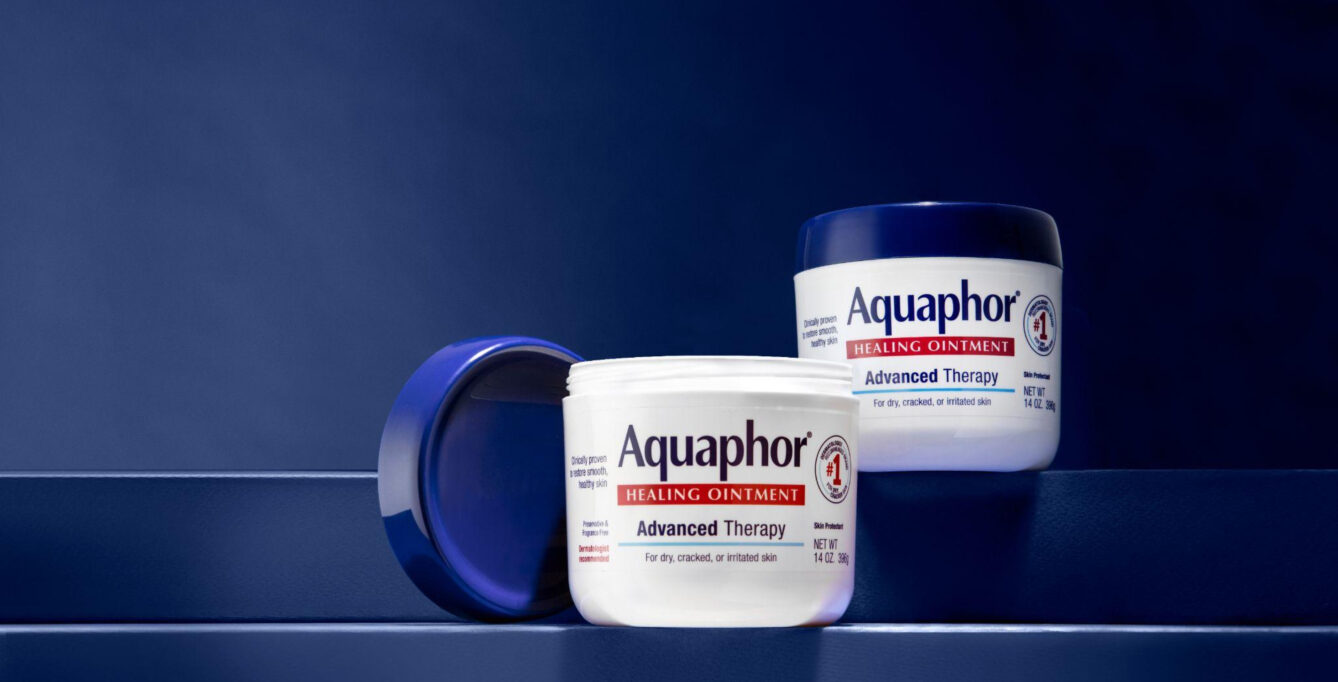 Two tubs of Aquaphor healing ointment