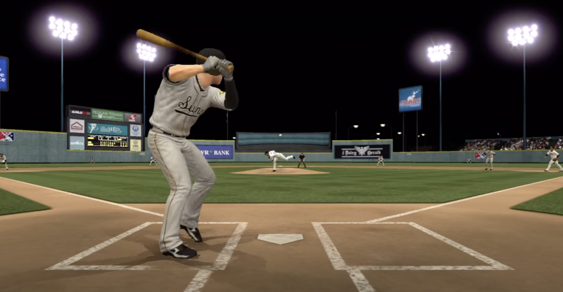 Graphic of a baseball player swinging a bat in a video game