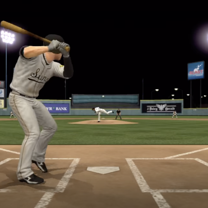 Graphic of a baseball player swinging a bat in a video game