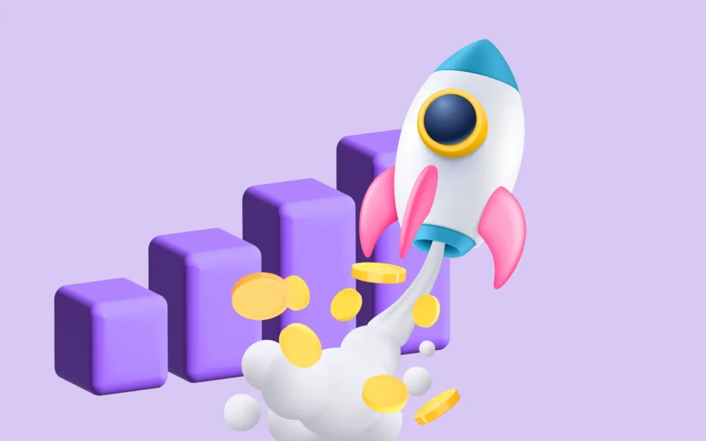 3D illustration of a rocket launching upward beside purple bar charts with gold coins, symbolizing business growth or performance analytics.