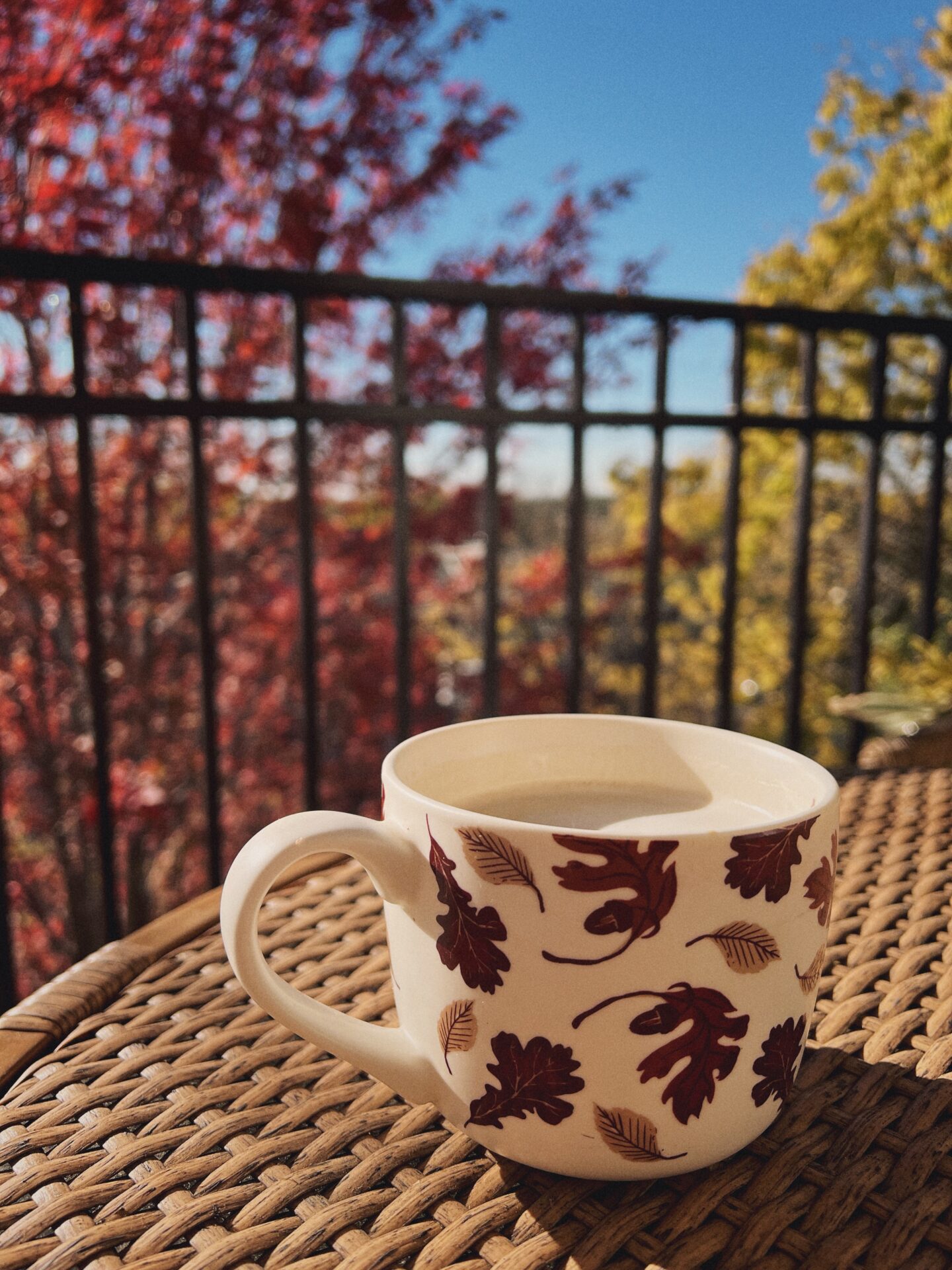 A ceramic mug with a leaf pattern sits on a wicker table outdoors, with colorful autumn trees and blue sky in the background.