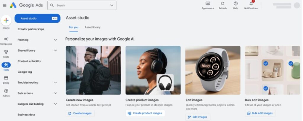 A screenshot of the new Google Ads "Personalize your images with Google AI" feature within the Asset studio.