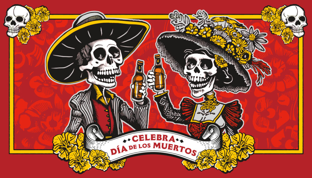 “Colorful Día de los Muertos illustration of two skeletons dressed in traditional Mexican attire raising beer bottles in a toast, surrounded by marigold flowers and skull motifs with the banner text ‘Celebra Día de los Muertos