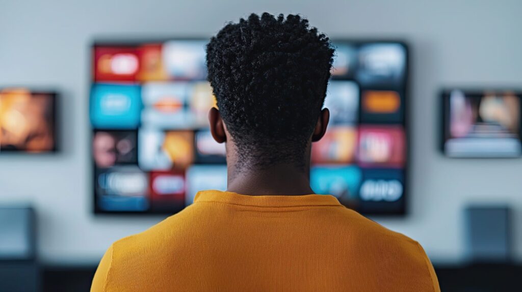 A person in a cozy sweater watches a variety of colorful content on multiple screens, suggesting engagement with digital media.