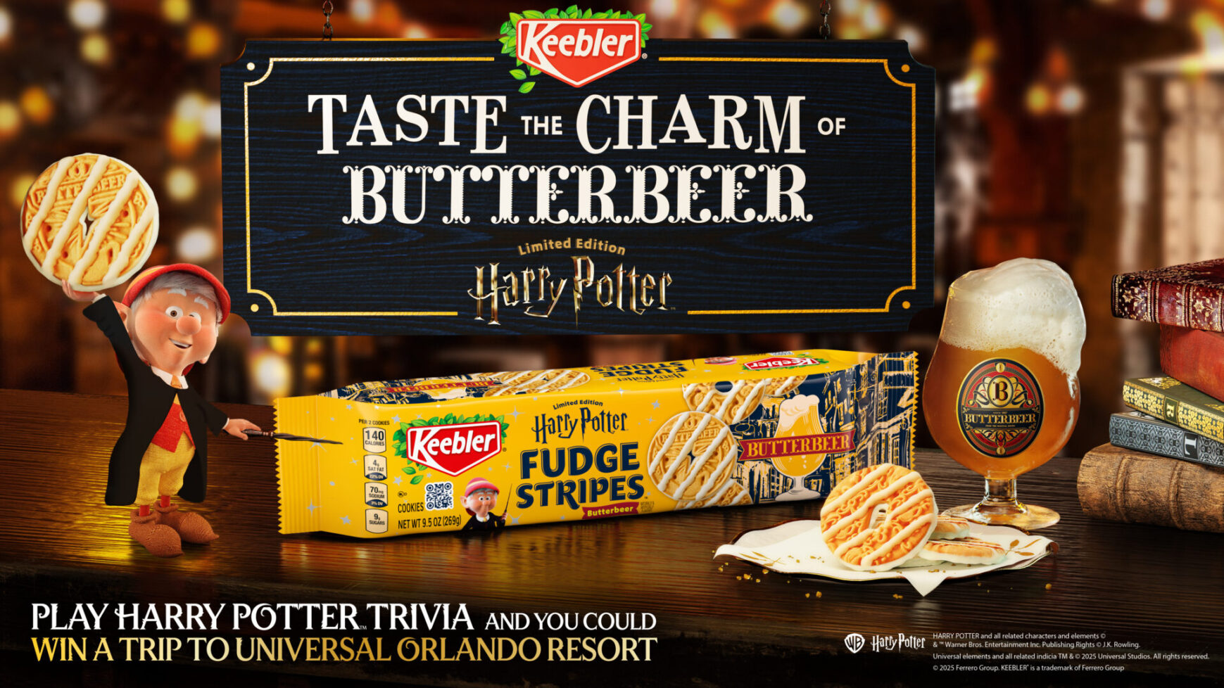 Keebler elves surround a pack of Fudge Stripe cookies in exclusive Butterbeer flavor