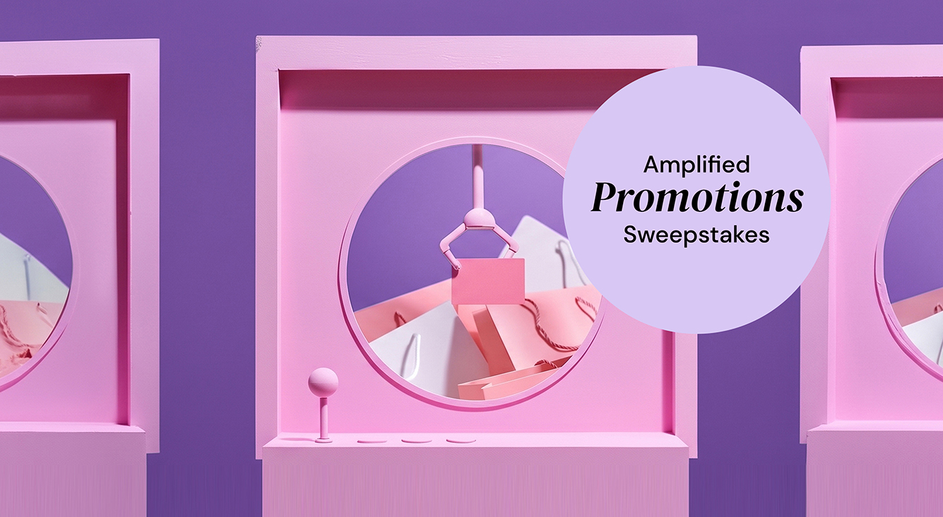 Image of 3d style pink claw machine with pink and white shopping bags inside against a dark purple background