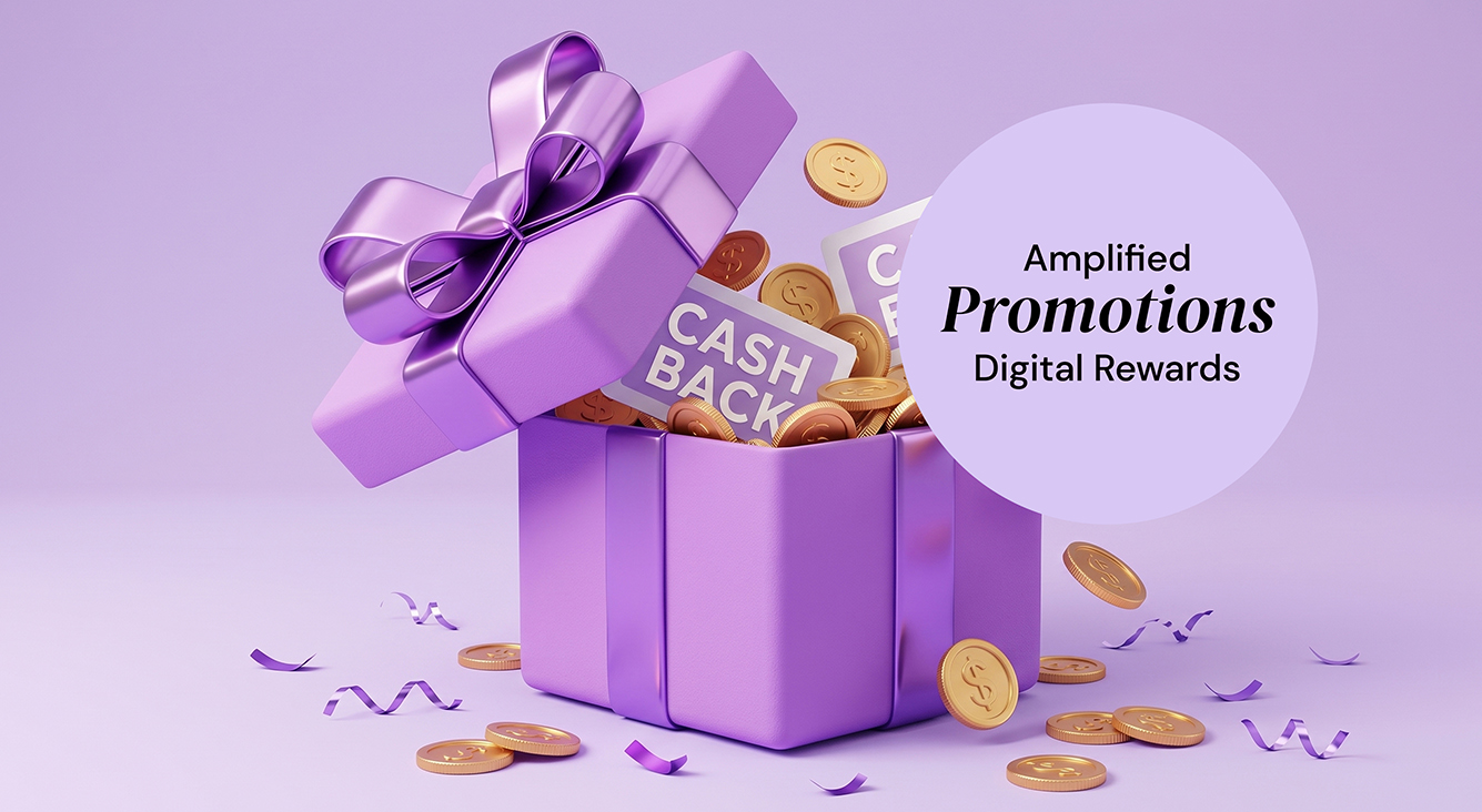 3D purple gift box with lighter purple ribbon half open and overflowing with gold coins and cash back against a lavender background